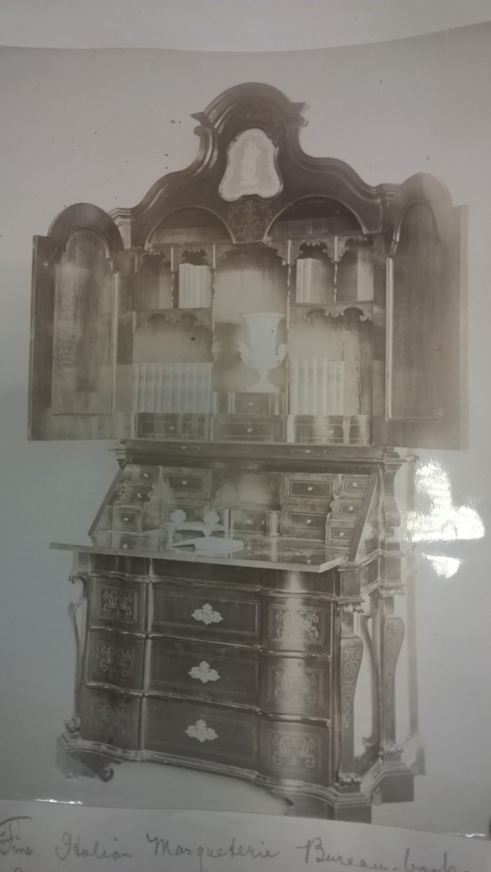 'Fine Italian Marquetrie Bureau Bookcase', photograph c.1900. Phillips of Hitchin archive (MS1999/4/1/66) The Brotherton Library Special Collections. Photograph courtesy of the BLSC 2016.